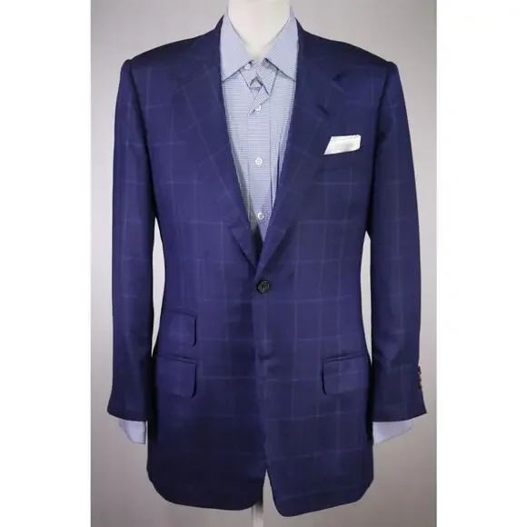Edgar Pomeroy Bespoke Royal Blue Windowpane 2-Btn Silk Sportcoat Blazer 40R